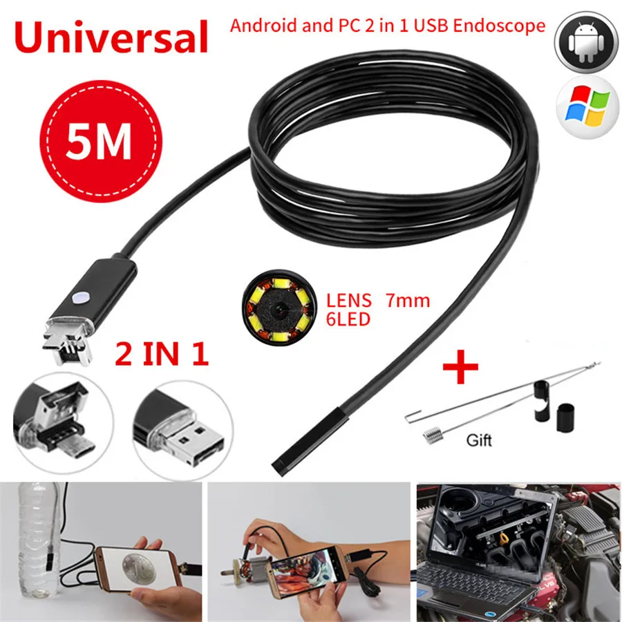 Автомобильный эндоскоп 5 м HD USB камера 6 светодиодов Android Инспекционная объектив 7 0