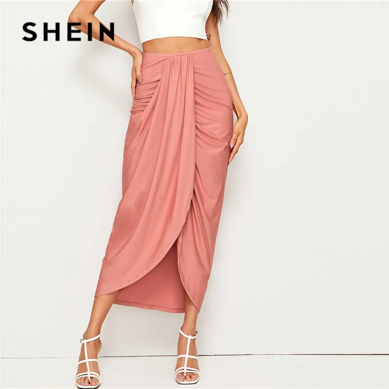 SHEIN женская розовая драпированная юбка с высокой талией, однотонная Асимметричная обертка, летняя юбка, Женская длинная юбка для отдыха в Корейском стиле