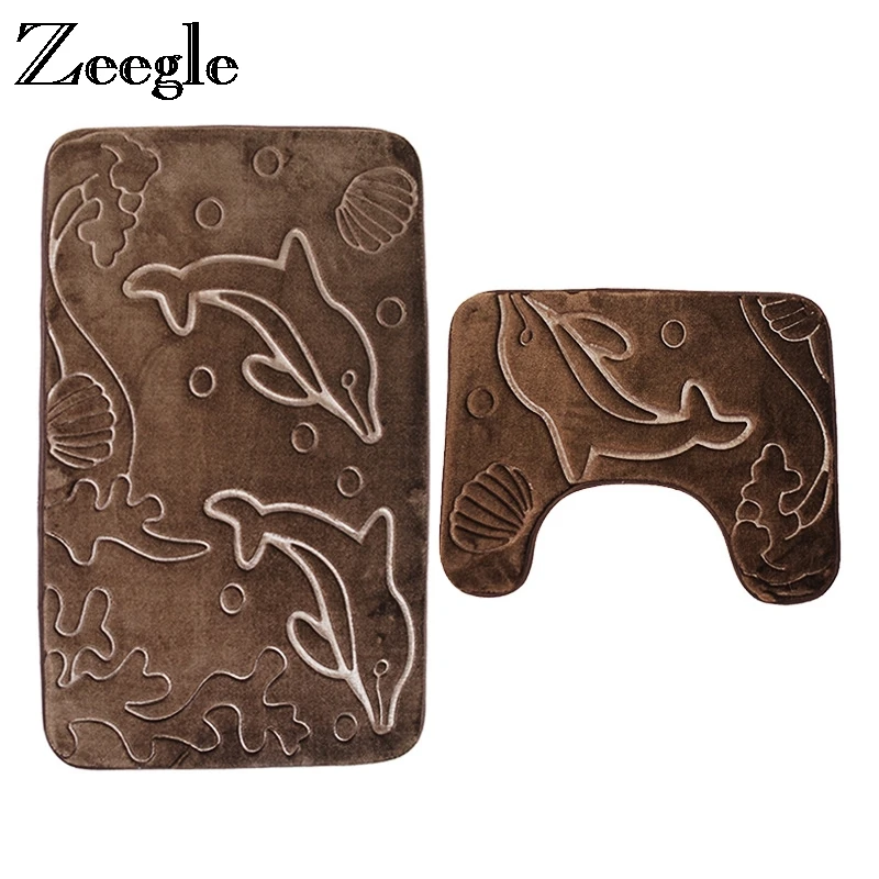 Zeegle 3D Embossing 2Pcs Bath Mat Set Flannel Toilet Rug Sets Anti-slip Bathroom Floor Rugs U-shape Carpets | Дом и сад