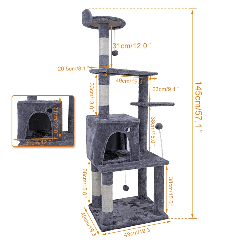 Компактная Когтеточка Cat Tree с роскошной двойной лестницей и пушистый шар|Мебель