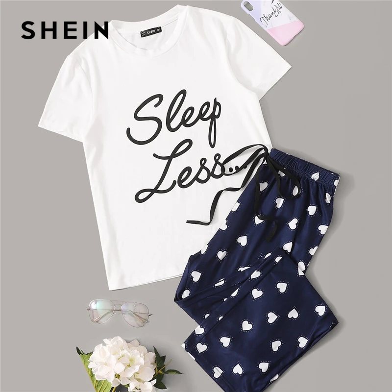 SHEIN Топ С Текстовым Принтом И Брюки С Поясом Пижама Женские Весенние Многоцветные Повседневные Комплекты Пижамы