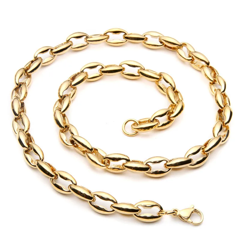 Mainlead Hiphop 9MM Gold Titanium Steel Coffee Bean Link Chain Necklace Mens Long Biker Jewelry | Украшения и аксессуары