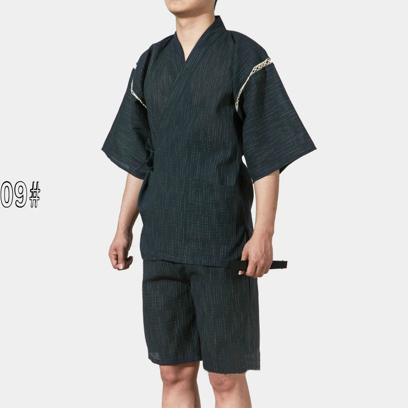 Летнее тонкое Полосатое традиционное японское кимоно для мужчин Seersuckers Yukata мужской банный халат кимоно сценическая футболка с Самураем - Цвет: 09