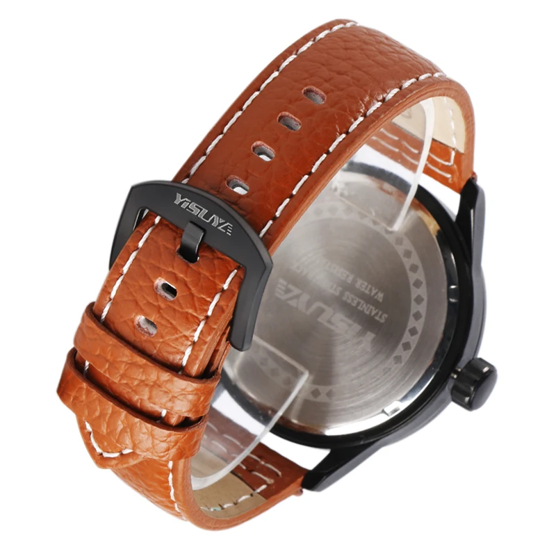 

YISUYA Men Watches Brown Genuine Leather Band Quartz Watch Calender Bussiness Luxury Japan Movement Simple Fashion Analog Gift
