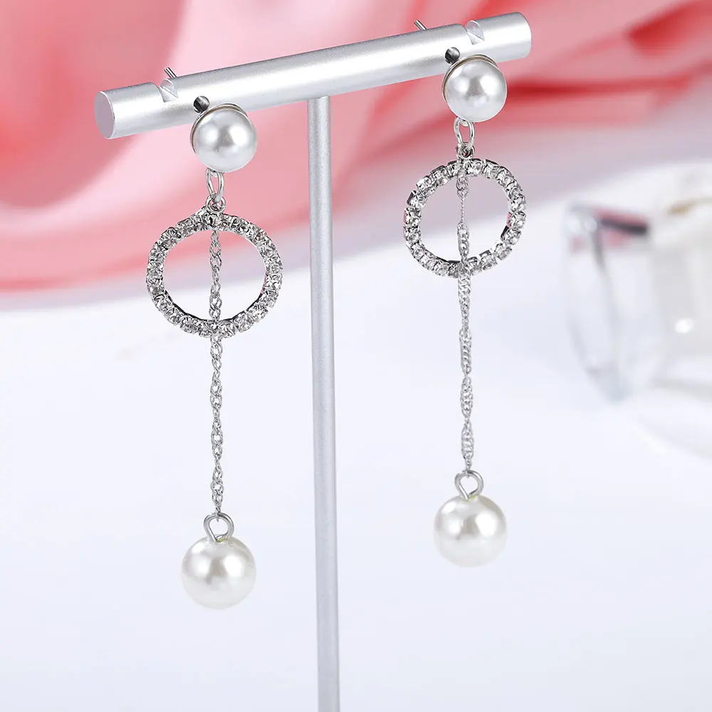 Женские длинные серьги подвески HanCheng круглые с жемчугом стразы Ювелирное