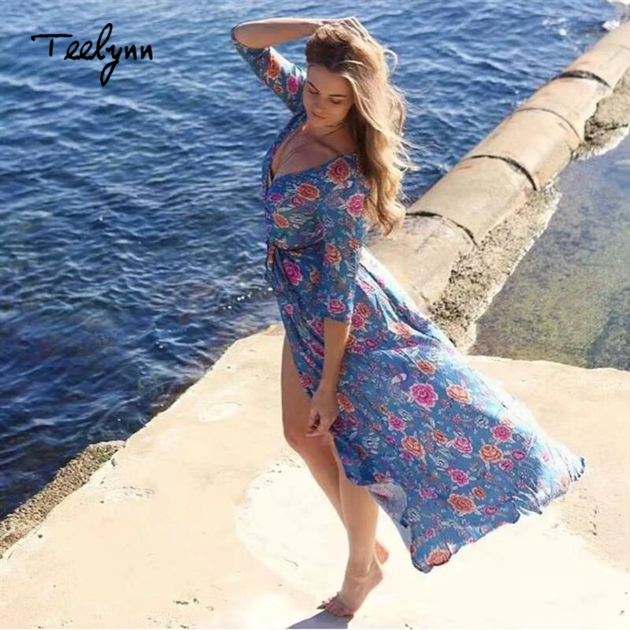 Женское длинное платье с цветочным принтом TEELYNN голубое v образным вырезом и