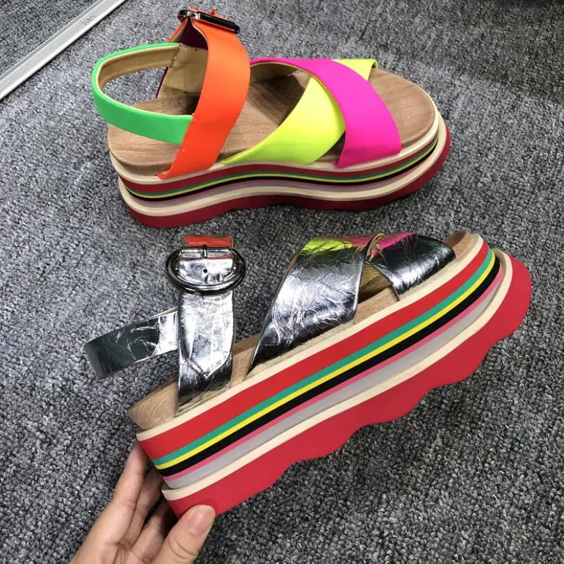 INS/2019 г. модные повседневные разноцветные босоножки на плоской платформе ярко