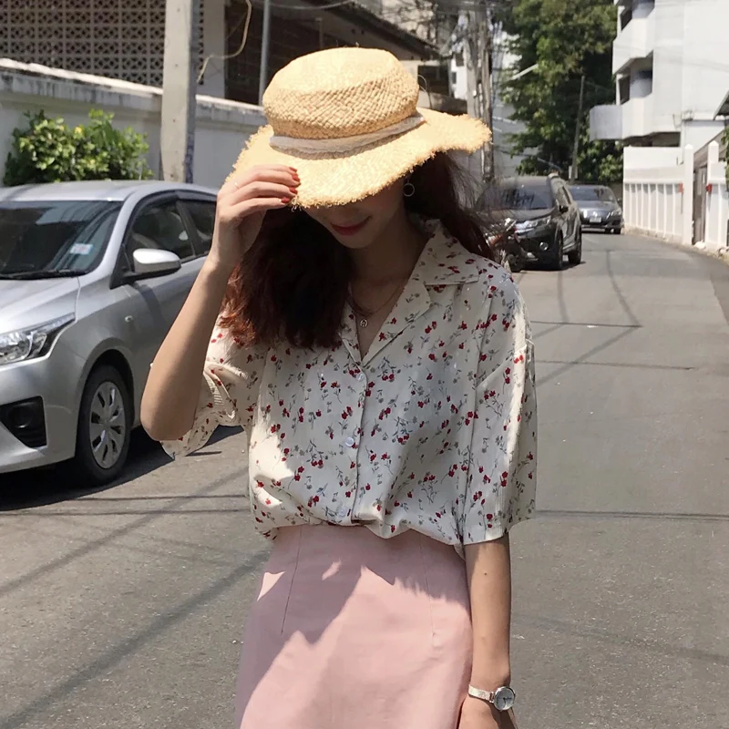 2019 летние топы в Корейском стиле с цветочным принтом женская короткими рукавами