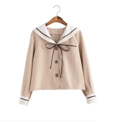 long sleeve top Женская Высокая японская школьная форма JK наборы для девочек консервативный стиль матросские Костюмы размера плюс короткий топ Высокая талия плиссированная юбка 5XL - Цвет: long sleeve top