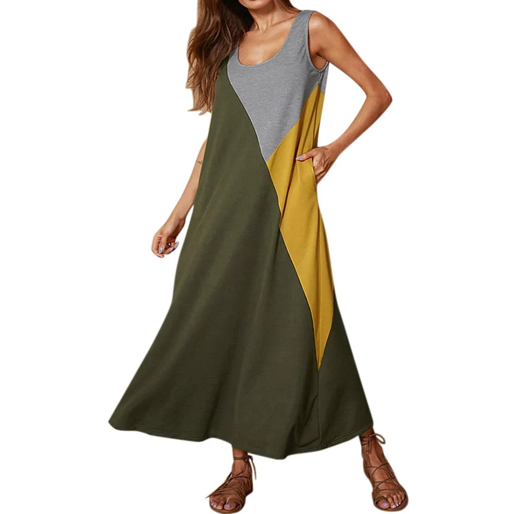 Женские платья из хлопка и льна повседневное лоскутное без рукавов с круглым