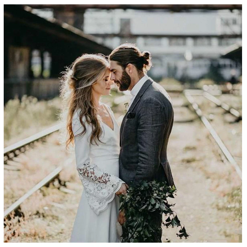 LORIE White Boho Wedding Dresses Lace Flare Sleeves V Neck Princess Bride Dress Floor Length Gown 2019 | Свадьбы и торжества
