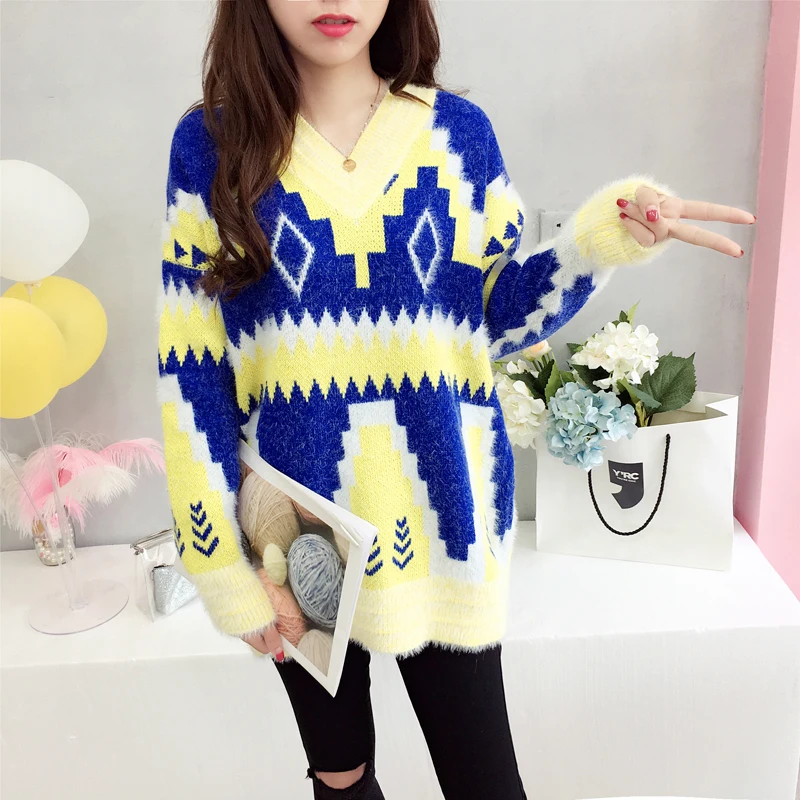 Autumn Winter Knit Pullovers Sweaters New Hot Sales Women Preppy Style Girls Blue Brown Knitted Printed V Neck Sweater Tops 1078 | Женская