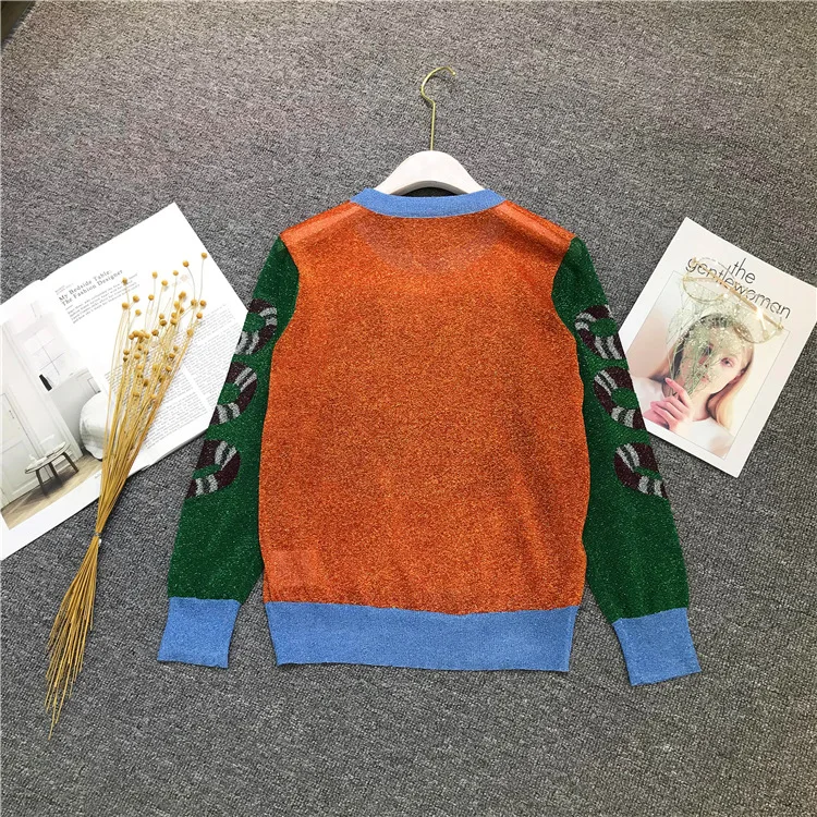 fashion 2018 new summer cat snake Intarsia thin sweater Gold and silver lurex hollow out knitting cute pullover women A-043 | Женская