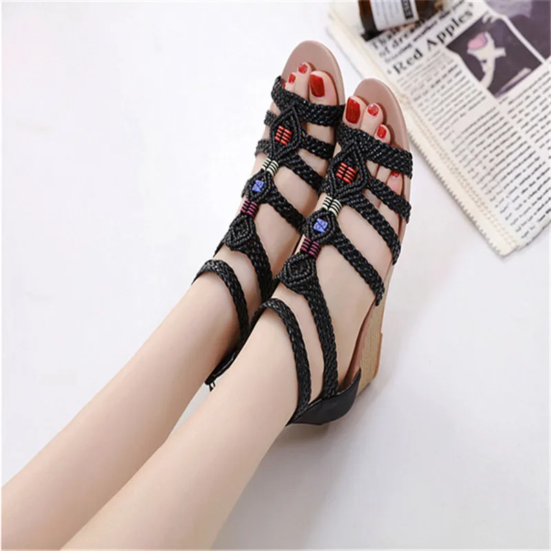 

YAERNI New 2019 women's sandals European station weave wedges plus size comfortable Roman shoesE929