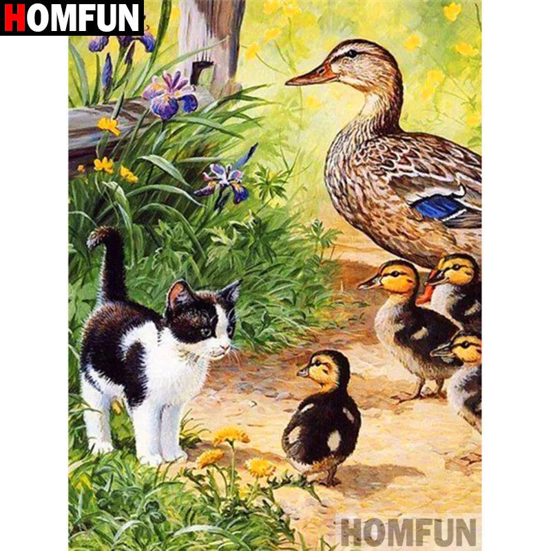 Алмазная 5D Вышивка HOMFUN Кот утка картина из квадратных/круглых страз сделай сам 3D