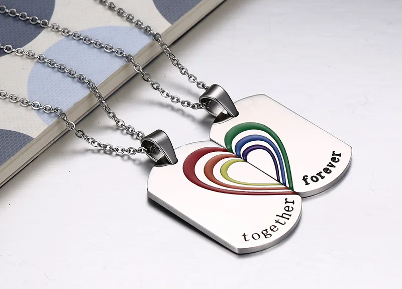 Hot Sale Collares 2pcs/pair Couple Necklace Pendant Stainless Steel Rainbow Heart Wedding Jewelry Free 2 Chains Ppn-026 | Украшения и