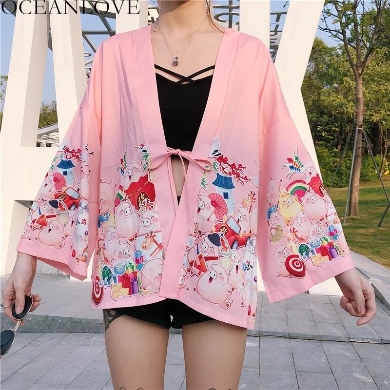 Женское кимоно с принтом Pig Yukata летняя рубашка на шнурках для косплея 11326|Рубашки|