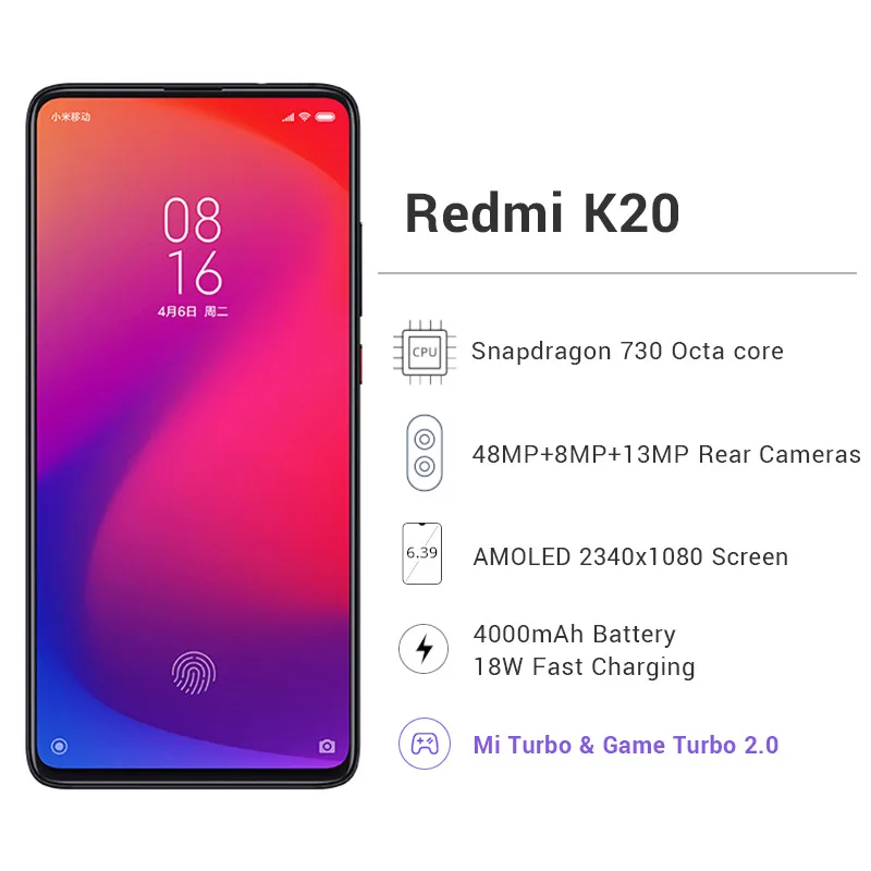 Xiaomi Redmi K20 с глобальной ПЗУ, 8 ГБ ОЗУ, 256 Гб ПЗУ, Восьмиядерный процессор Snapdragon 730, задняя камера 48 МП, 6,3" AMOLED экран, аккумулятор 4000 мАч
