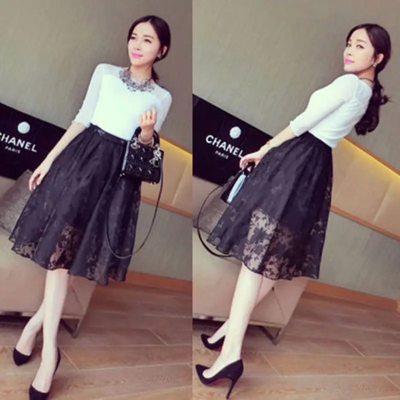 Женские юбки в стиле ретро Двухслойная шифоновая кружевная плиссированная юбка