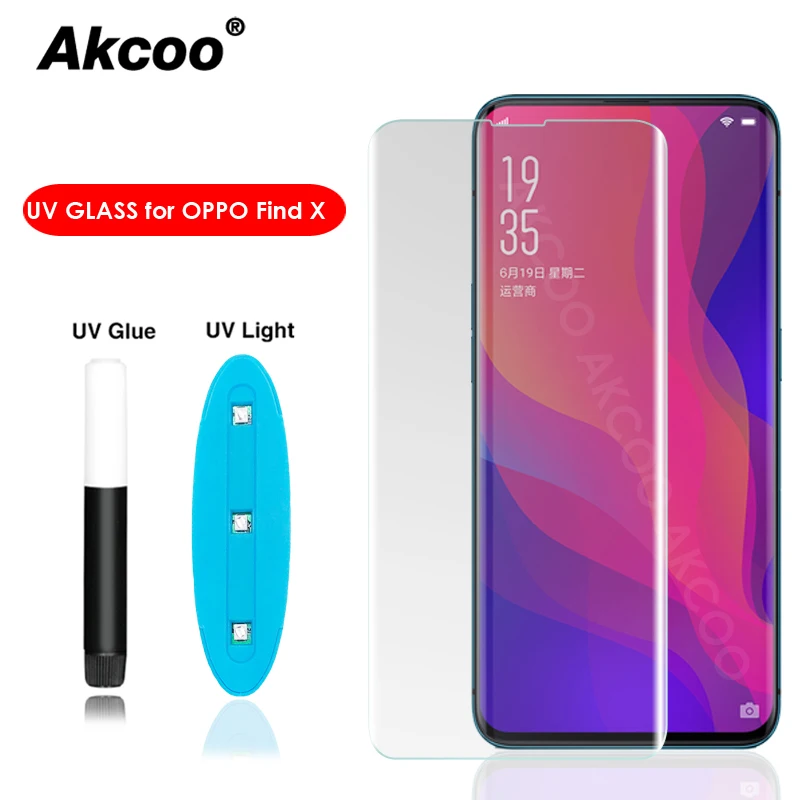 Защитное стекло Akcoo для OPPO Find X закаленное с УФ защитой и жидкостью|Защитные