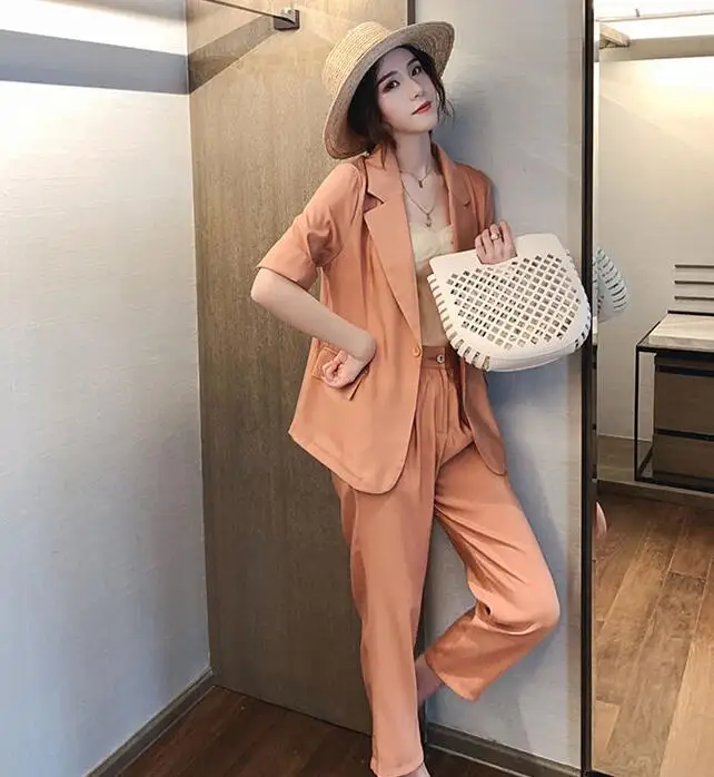 Orange pink LISM OL Бизнес корейский розовый наряд набор с коротким рукавом тонкий зубчатый блейзер+ кнопки карандаш брюки модные женские брюки костюм - Цвет: Orange pink