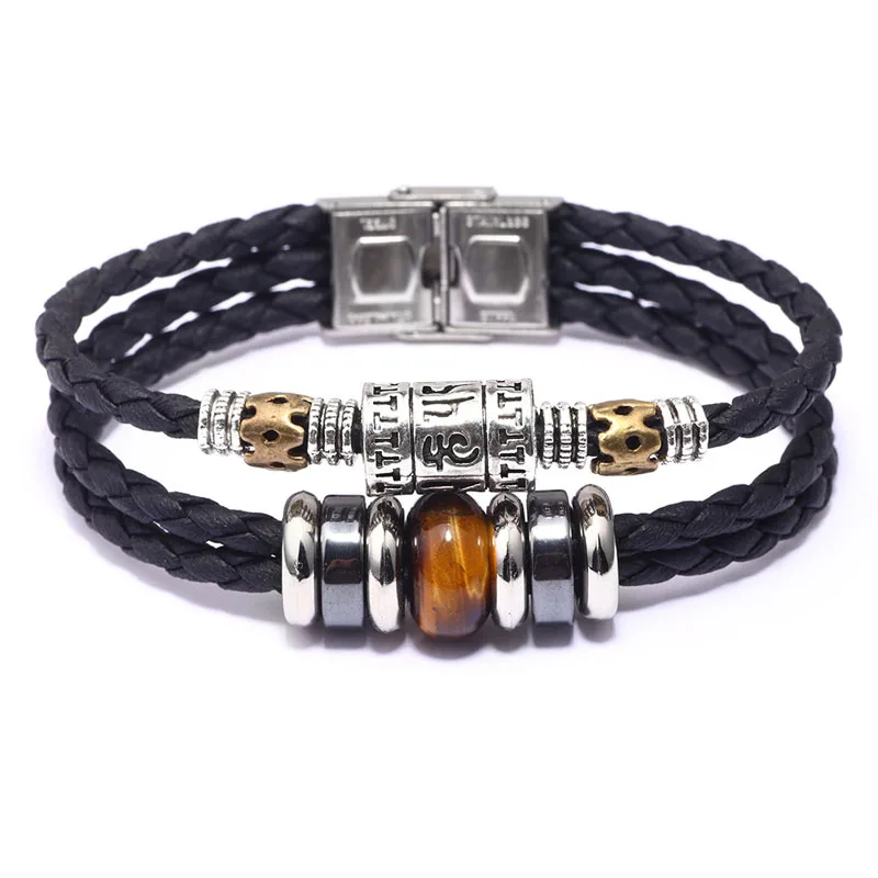Tiger Eye Тибетские посеребренные шесть слов мантра браслет Для мужчин кожа с Будда из натурального камня духовные браслеты для Для женщин NM-04 - Окраска металла: Tiger Eye