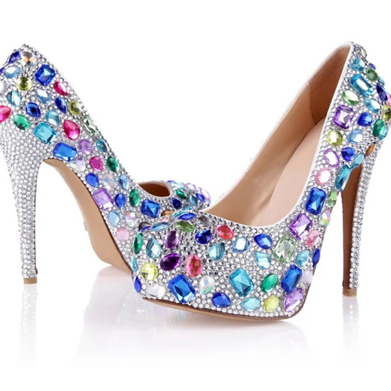 Синие розовые желтые туфли шикарные свадебные невесты на платформе с круглым
