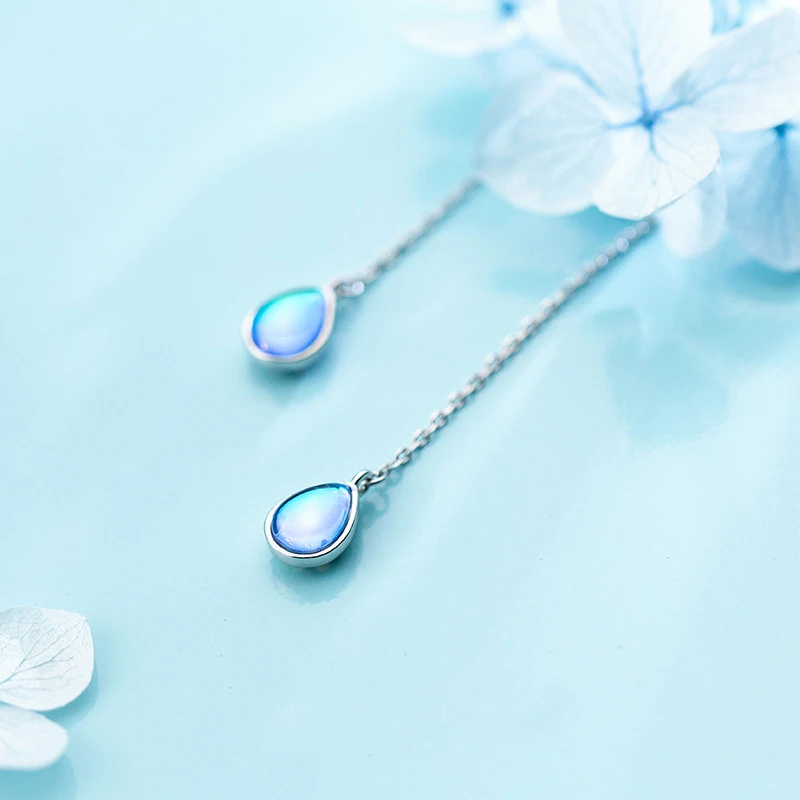 INALIS, новинка, длинные серьги из чистого серебра S925 пробы, с каплями воды, синий натуральный кристалл, камень Pandant, висячие серьги для девочек