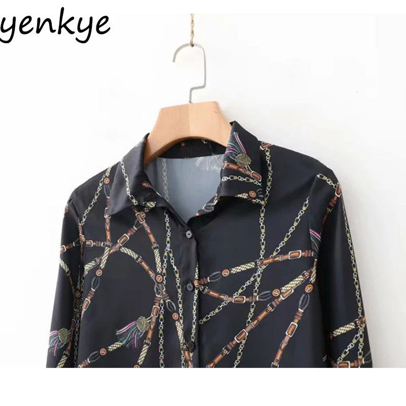 Сатиновая рубашка с принтом и цепочкой Женская Повседневная Свободная винтажная