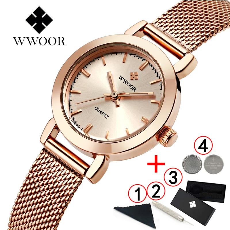 Женские часы 2019 Роскошные WWOOR из нержавеющей стали розовое золото женские