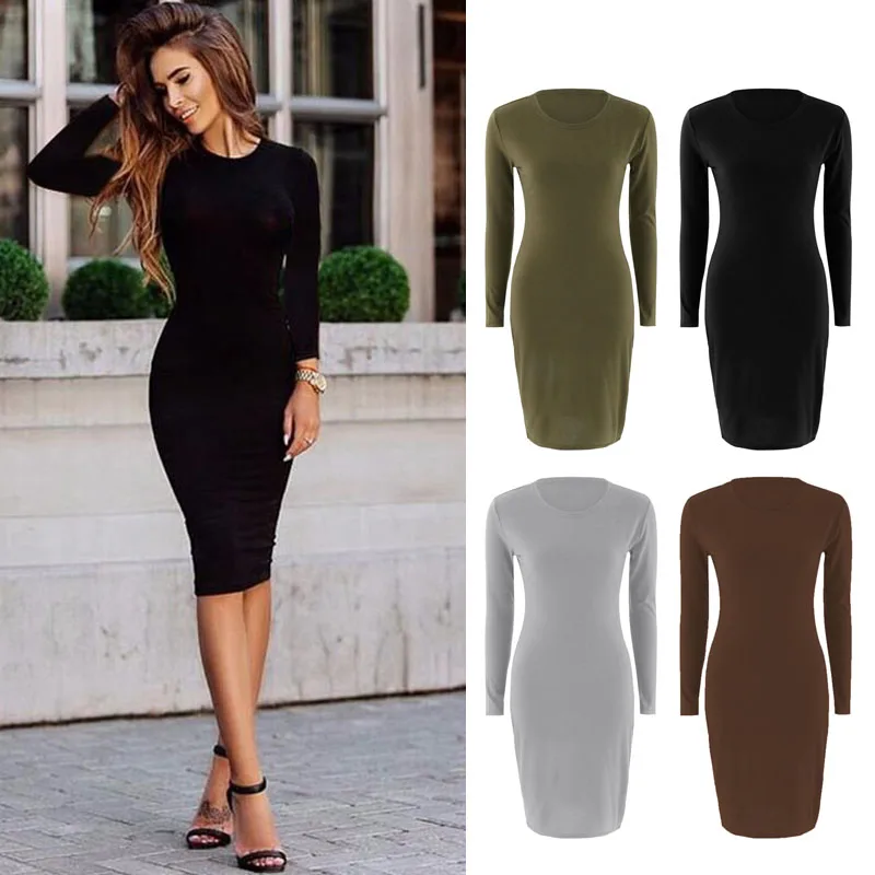 

Autumn Spring Women Long Sleeve Dress Bodycon Sexy Slim Fit O-neck Casual Dresses BMF88