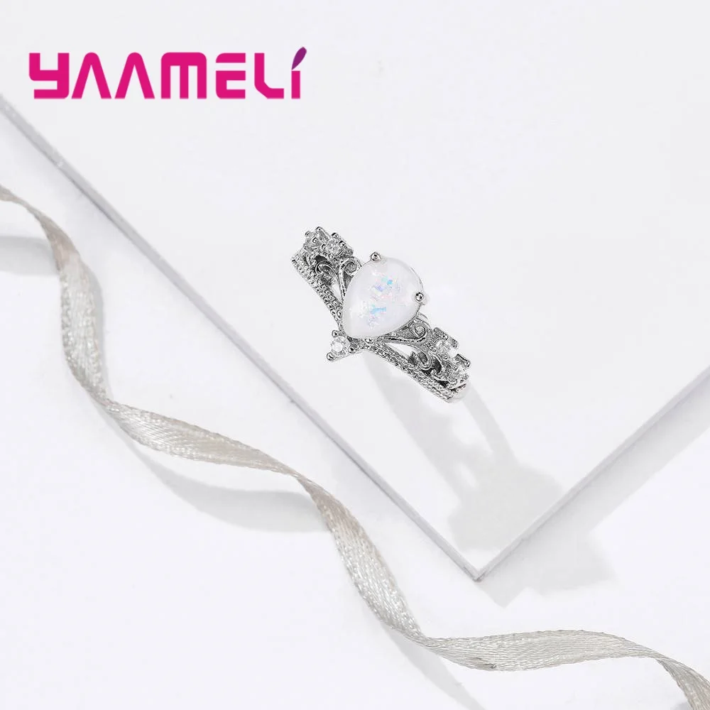 Elegant Noble Princess Women Finger Rings Crown Design Water Drop Shape Opal 925 Sterling Silver Cubic Zirconia Jewelry | Украшения и
