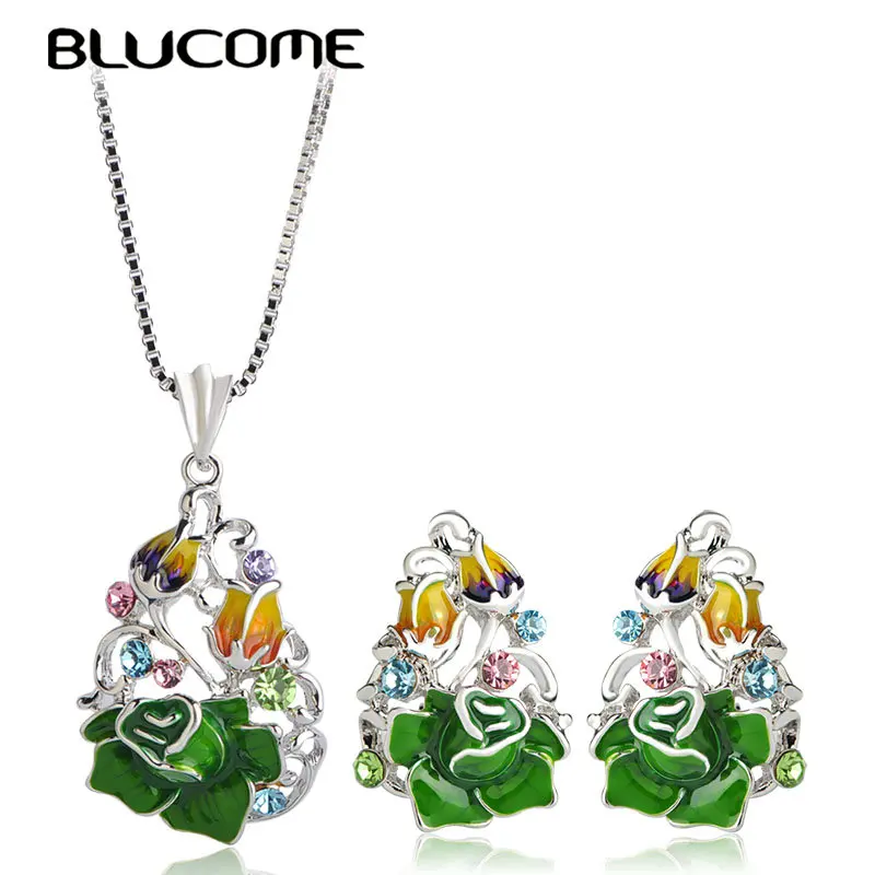 Blucome/Модный Ювелирный Комплект с зеленым эмалью и розовым цветком Праздничные