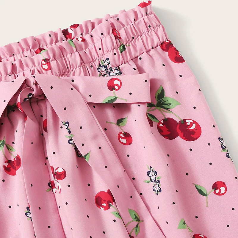 SHEIN розовый топ на бретельках с принтом вишни и бумажный мешок, длинные штаны, женские пижамные комплекты, летний Повседневный пижамный комплект без рукавов