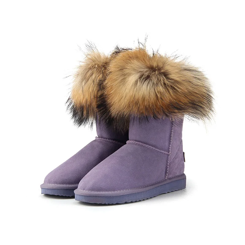Purple JXANG/Модные женские зимние сапоги из натурального Лисьего меха; женские ботинки из натуральной коровьей кожи; женские теплые зимние ботинки - Цвет: Purple