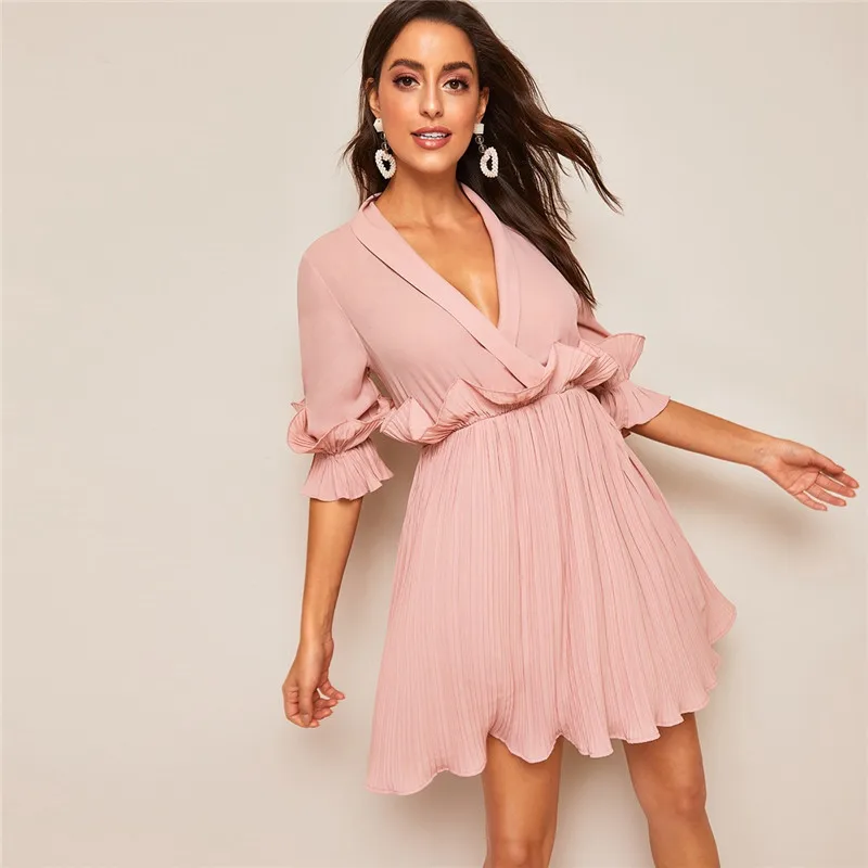 SHEIN Платье На Запах С Глубоким Вырезом И Оборками Сексуальное Платье С Рюшами С Средним Рукавом Женские Летние Платья С Высокой Талией
