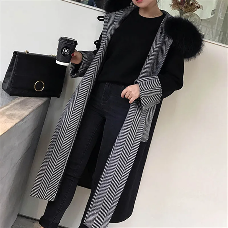 4xl 5xl размера плюс новое поступление корейский стиль женское лоскутное черное шерстяное пальто меховой воротник женские пальто зима
