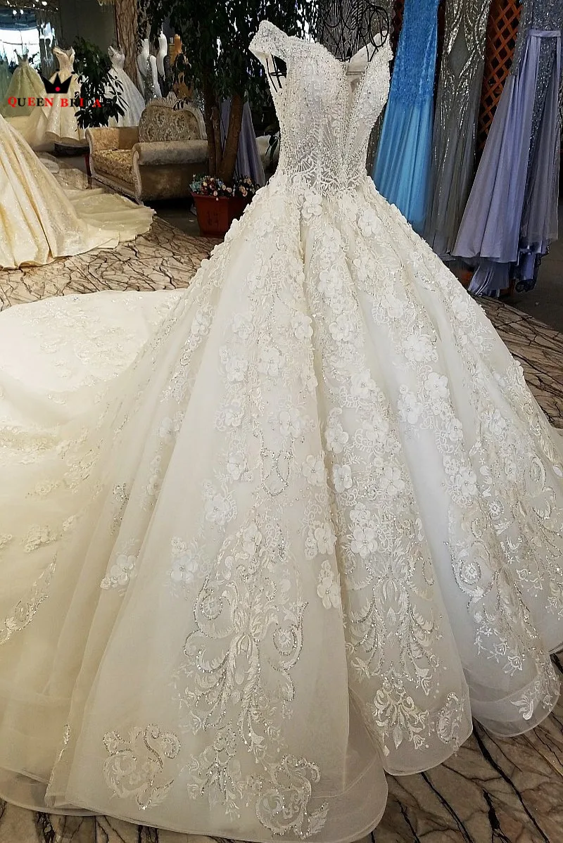 С плеча vestido de noiva кружева вышитое блестящим бисером цветочные подвенечные платья