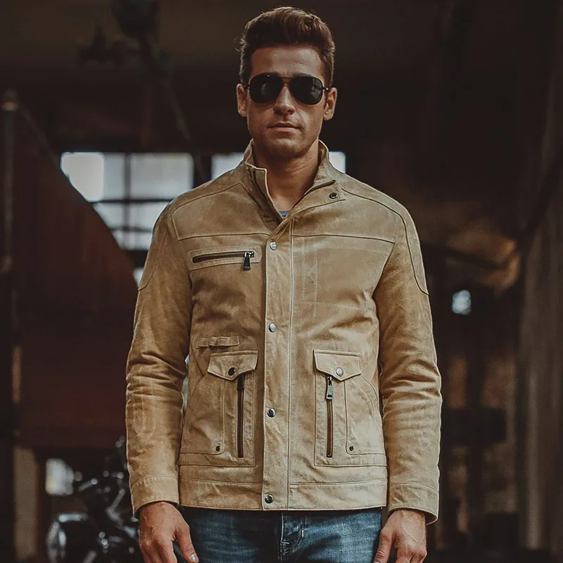 Kожаная куртка мужская мотоциклетные жакеты из свиной шкуры натуральной кожи