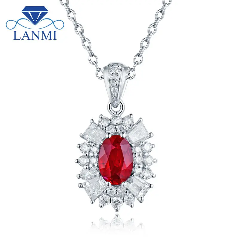 

Baguette Diamond Jewelry Solid 14Kt White Gold Natural Ruby Pendant for Women Wedding Promised Genuine Gemstone Gift