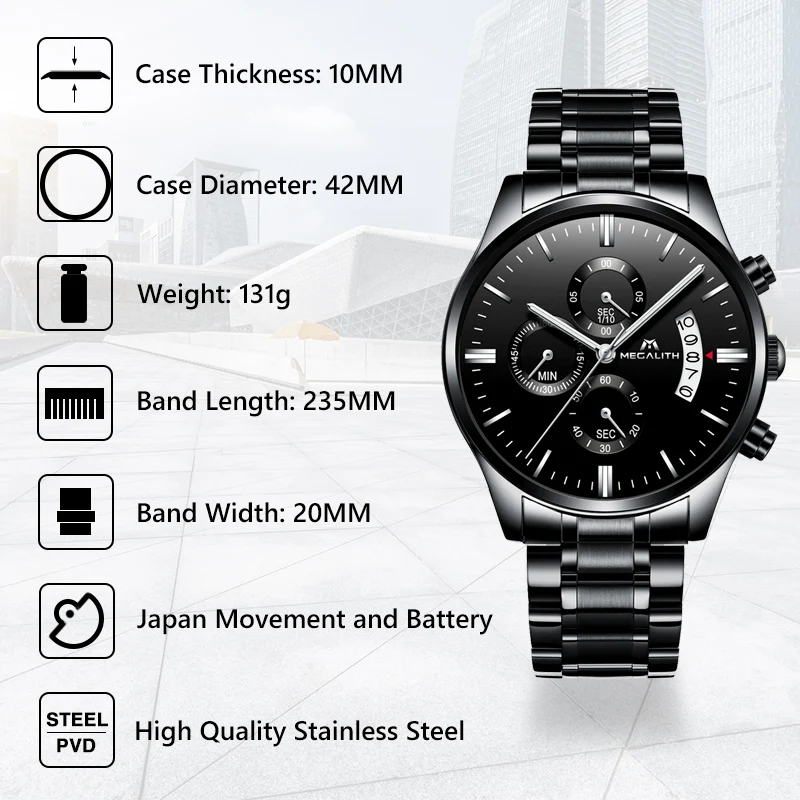 MEGALITH мужские часы Лидирующий бренд Дата Календарь бизнес для мужчин военные