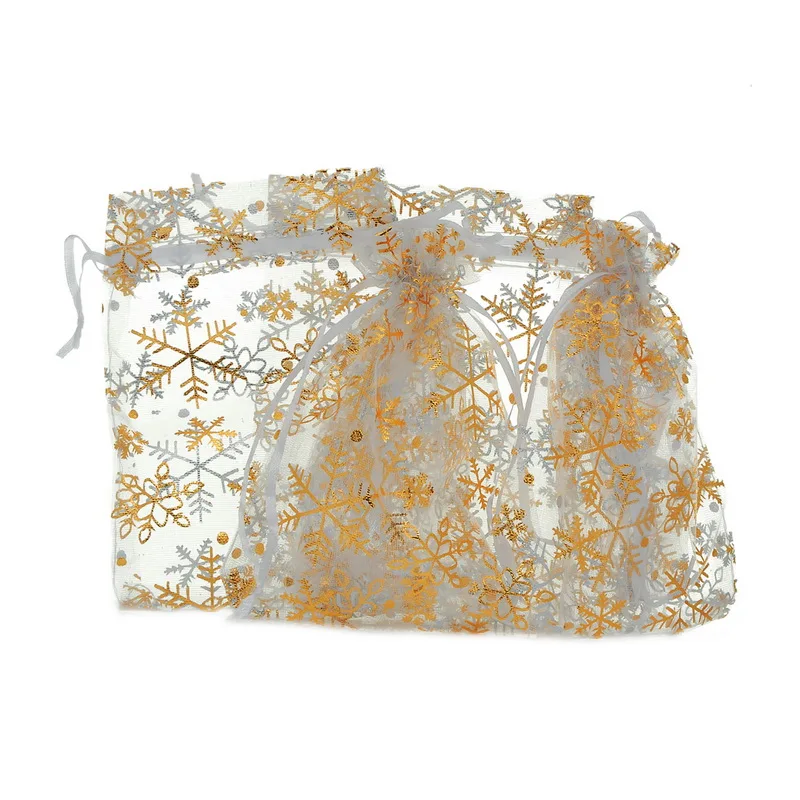 Dozzlor, 25 шт., 12 см x 16 см, Золотая Снежинка, белая органза, для свадьбы, для Счастливого Рождества, упаковка для выпечки, сумки, детские подарки, сумка