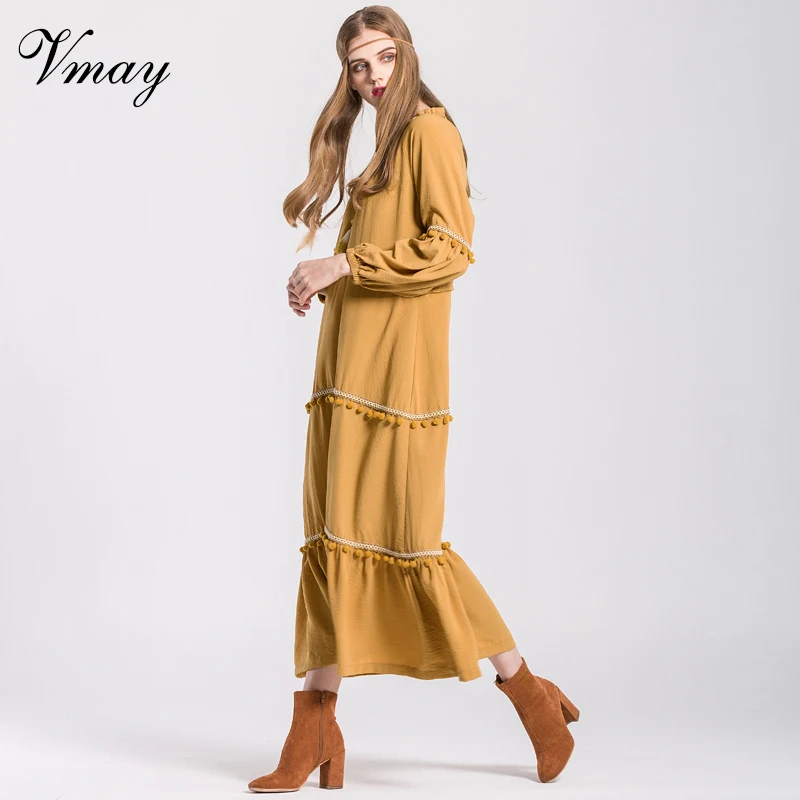 Vmay 2018 New Arrival Women Elegant Bohemian Long Dresses V-Neck Lantern Sleeve Tassel Patchwork Boho Maxi Dress V1710419 | Женская