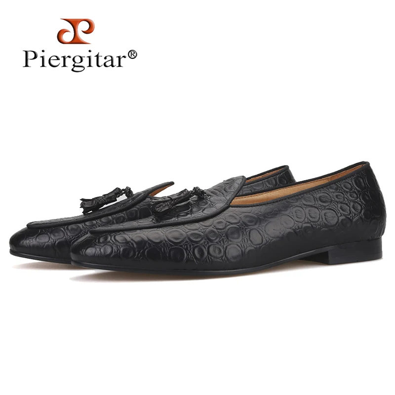 Piergitar 2019 Handmade embossed Genuine Leather Men shoes party and wedding Men's loafers with matching tassel plus size | Обувь