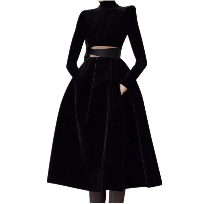 Черный HAMALIEL взлетно-посадочной полосы зимние Для женщин большие качели вечерние платья модные черные бархатные с сеткой в стиле «пэтчворк со стоячим воротником платье сексуальное открытое платье Vestido - Цвет: Черный