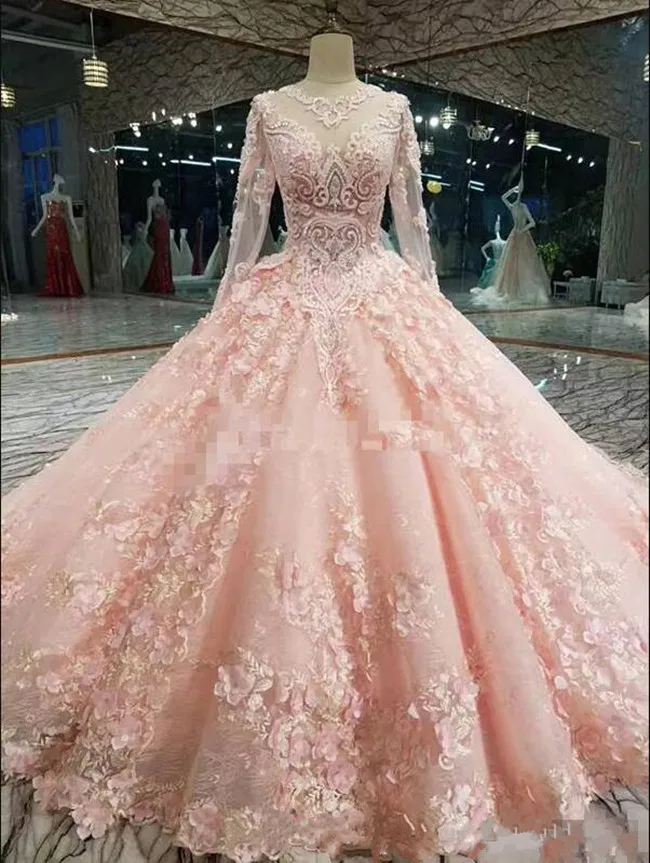 Роскошное Свадебное платье с 3D цветочной аппликацией длинными рукавами открытой