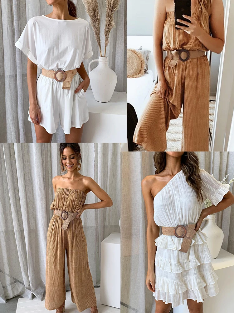 Плетеный вязаный винтажный деревянный ремень с пряжкой женский из соломы