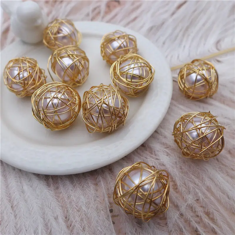 

handmade vintage knit weave glass pearl beads rose golden metal coiling earring drops jewelry DIY accessories findings 30pcs new