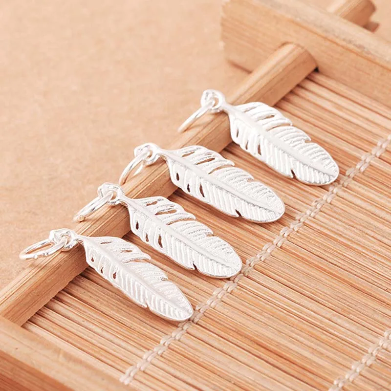Real Pure Solid 925 Sterling Silver Feather Pendant Women Tassel Leaf Pendants Necklace Bracelet Jewelry Making Findings Charms | Украшения