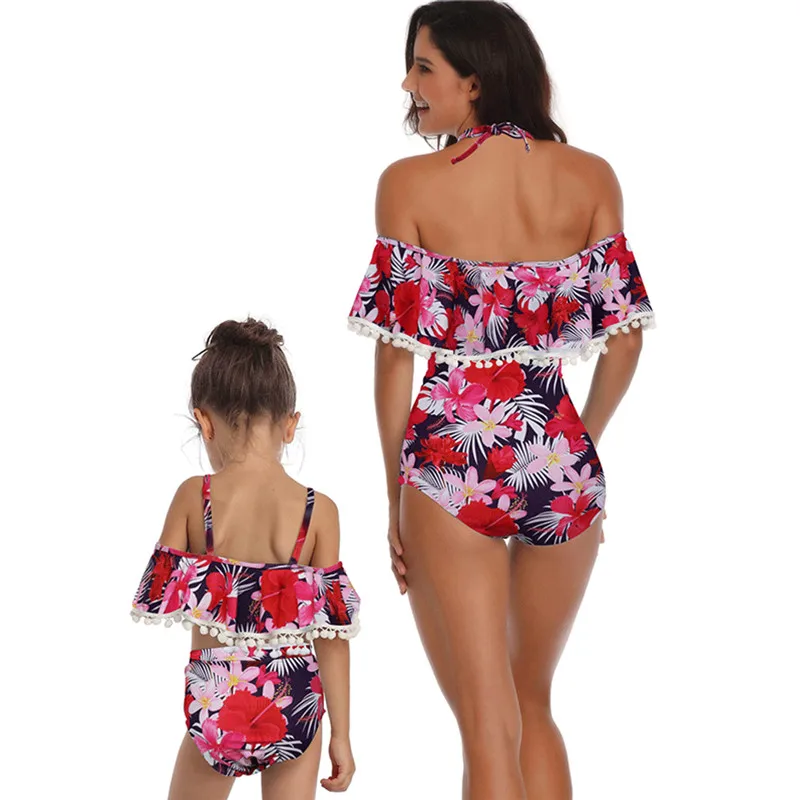 Family Matching Swimwear Mother Daughter Swimsuit Women Off Shoulder Bathing Suit Girls Tassel Floral Bikini Swimming | Спорт и